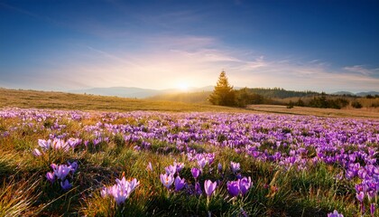 Obraz premium Spring Landscape With Blooming Purple Flowers On Meadow
