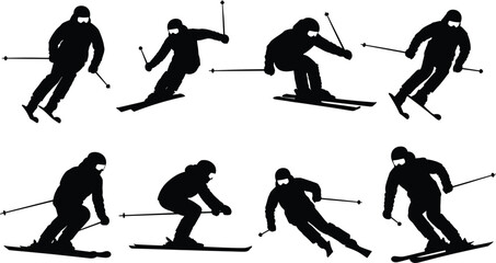 Black silhouette set of skiers in motion, winter sports vector illustration, skiing poses with poles, downhill action, isolated on white background