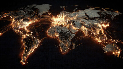 Interconnected global network displaying glowing data routes over a dark world map.