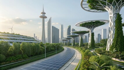Naklejka premium A futuristic urban landscape featuring modern skyscrapers, greenery integrated into architecture, and solar panels along a clean, wide road.