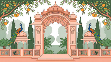 Fototapeta premium Mughal forest garden landscape artwork with peacock, parrot, plant and botanical tree seamless pattern illustration