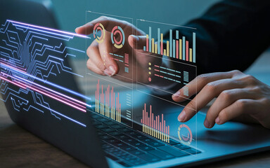 Data analysis science and big data with AI technology. Analyst or Scientist uses a computer and dashboard for analysis of information on complex data sets on computer. Insights development engineer