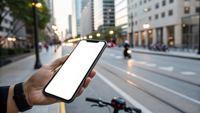A person holds a smartphone displaying a blank screen while standing on a city street with modern buildings in the background.