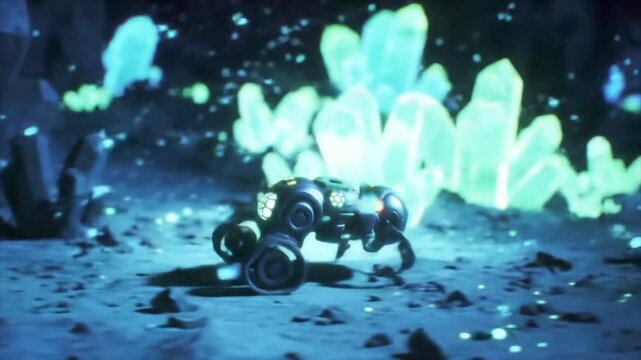 Wheeled robot amidst glowing crystals in a dark cavern. Suitable for scifi or technologythemed designs, gaming backgrounds, or futuristic concepts.