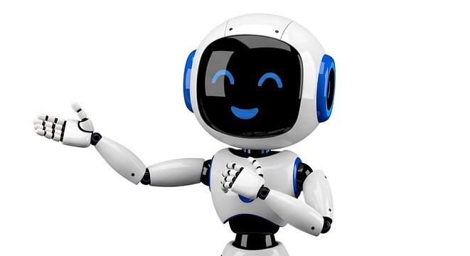 Friendly robot with a smiling face and outstretched hand, isolated on white background