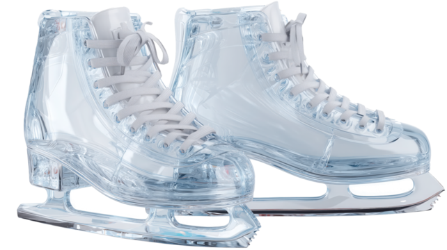 Two clear ice skates with white laces isolated on transparent background