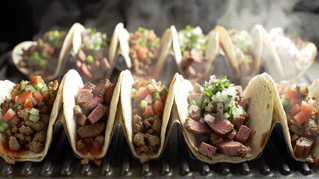 Close Up Row of Tacos with Various Meat and Toppings on Grill