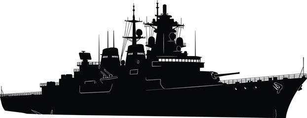 Military warship silhouette vector, battleship icon illustration, black naval cruiser design for defense, navy, combat, maritime, weapon, warfare, army content