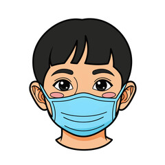 Obraz premium A cartoon illustration of a young boy wearing a light blue surgical mask over his nose and mouth.