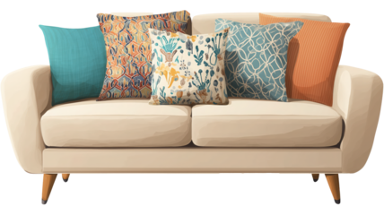 White couch with a blue pillow on the left side isolated on transparent background