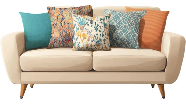 White couch with a blue pillow on the left side isolated on transparent background