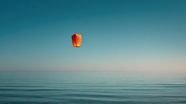 A single orange sky lantern floating above calm water and horizon.