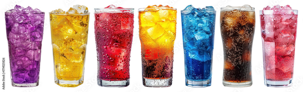Poster png colorful drinks in glasses with ice cubes and bubbles element set on transparent background.