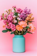 Fototapeta premium Soft Peach and Mint Flower Arrangement on Pink Background
