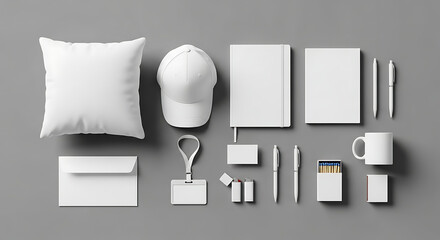 Blank promotional merchandise set for branding on a gray background, including a pillow and cap
