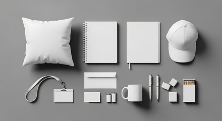 Mockup set of blank white promotional items on a gray background for branding purposes