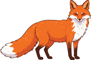 Beautiful cartoon red fox illustration, wild animal character, woodland forest creature, fluffy tail mammal, nature wildlife design, isolated vector artwork