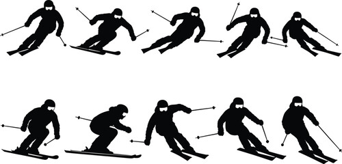 Skiing silhouette poses, winter sports motion, skier vector illustration, dynamic ski techniques, black and white artwork, helmet safety gear, snow activity design