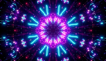 Naklejka premium A vibrant, kaleidoscopic, radial symmetry design with a central floral pattern, showcasing a rich palette of neon blue, magenta, and purple hues