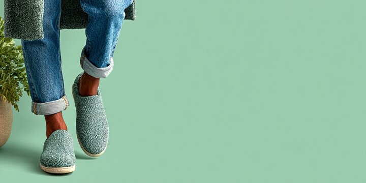 Casual fabric slippers and rolled jeans on pastel green background
