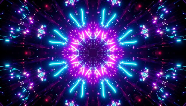 A vibrant, kaleidoscopic, radial symmetry design with a central floral pattern, showcasing a rich palette of neon blue, magenta, and purple hues