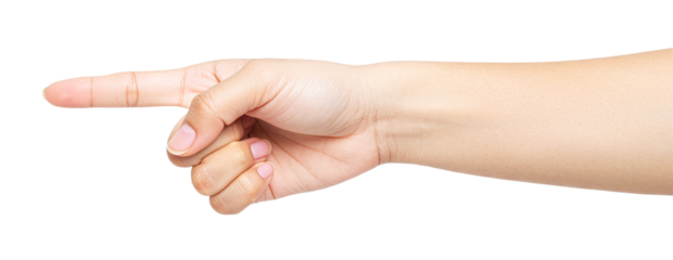 Close-up Woman Hand Isolated Pointing Finger Gesture with Perfect Skin Tone Clean Nails on Transparent Background Cutout