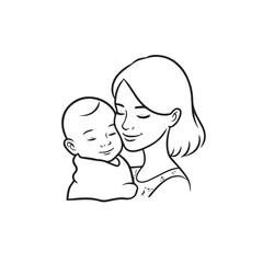Black and white line art of a beautiful mother lovingly embracing her baby minimalist tender illustration