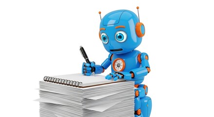 Blue robot writing on a stack of papers isolated on white background
