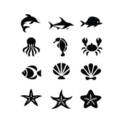 Fototapeta premium Collection of diverse marine animal silhouettes featuring ocean life and underwater creatures perfect for nautical designs and aquatic themes silhouette