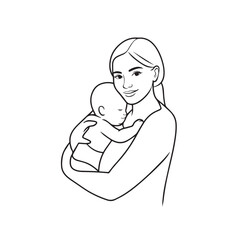 Black and white line art of a beautiful mother lovingly embracing her baby minimalist tender illustration