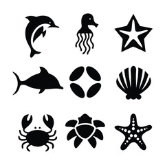 Collection of diverse marine animal silhouettes for aquatic themed designs and ocean life illustrations silhouette