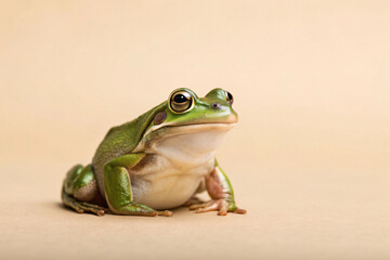 Obraz premium Green tree frog with large golden eyes in sitting position, cream-colored belly, amphibian on neutral background, tropical wildlife specimen