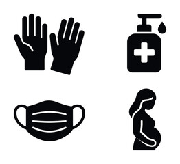 Fototapeta premium Pandemic safety symbols: gloves, hand sanitizer, mask, pregnant woman icon