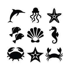 Fototapeta premium Collection of diverse marine animal silhouettes for aquatic themed designs and ocean life illustrations silhouette