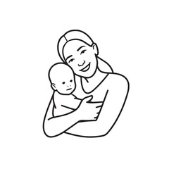 Black and white line art of a beautiful mother lovingly embracing her baby minimalist tender illustration