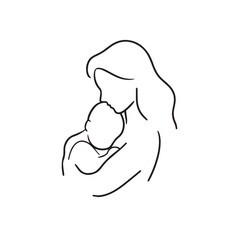 Black and white line art of a beautiful mother lovingly embracing her baby minimalist tender illustration