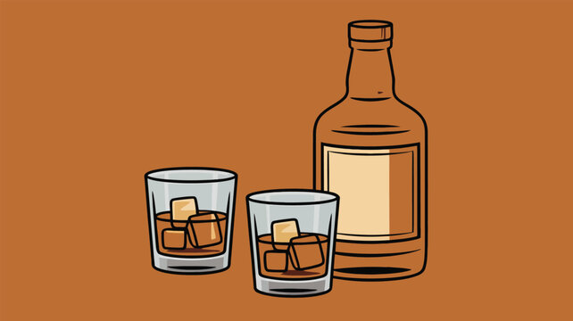 Illustration of two glasses and a bottle with brown background