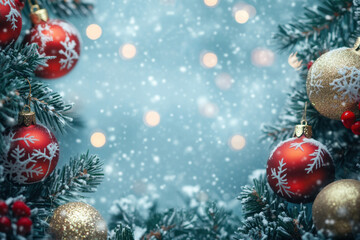 Card template for greetings or invitations. Close-up of balls and berries on a Christmas tree, golden blurred lights and snow on a blue background. New Year's concept. Copy space
