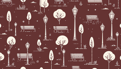 lamppost, bench and tree vector seamless pattern background