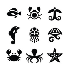 Collection of diverse marine animal silhouettes for aquatic themed designs and ocean life illustrations silhouette