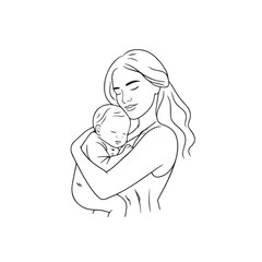 Black and white line art of a beautiful mother lovingly embracing her baby minimalist tender illustration