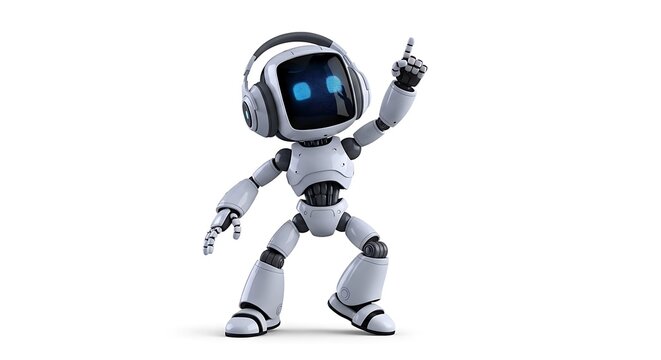 A white robot with a square screen for a face points upwards isolated on white background