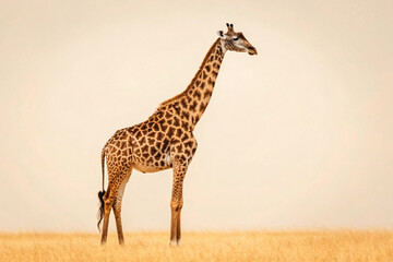 Obraz premium Standing giraffe in golden savanna landscape, displaying full body profile with characteristic spotted coat pattern and long neck against pale sky background.