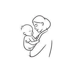 Black and white line art of a beautiful mother lovingly embracing her baby minimalist tender illustration