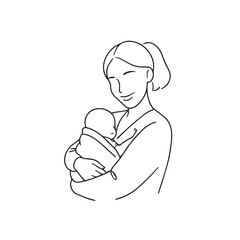Black and white line art of a beautiful mother lovingly embracing her baby minimalist tender illustration