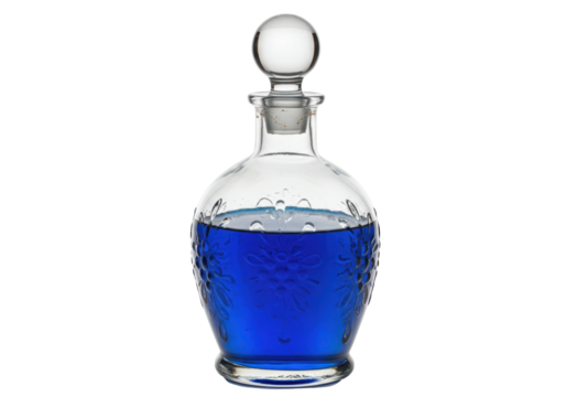Isolated decanter filled with blue liquid for cosmetics or fragrance, transparent glass