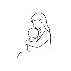 Black and white line art of a beautiful mother lovingly embracing her baby minimalist tender illustration