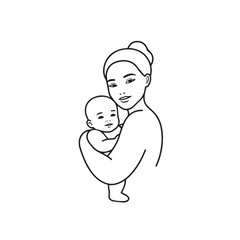 Black and white line art of a beautiful mother lovingly embracing her baby minimalist tender illustration