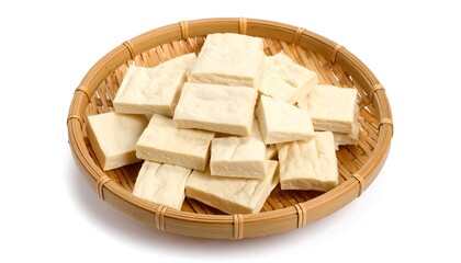 Stacked tofu squares in a bamboo colander