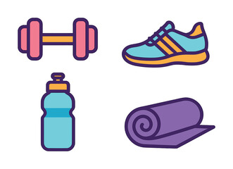 Fototapeta premium Colorful fitness icons featuring dumbbell, shoe, water bottle, and yoga mat